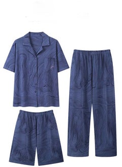 3-Piece Men's Pajama Set T-Shirt Cotton Short Sleeved Short Pants  And Long Pants Sets  Sleepwear Nightgown Male Loose Spring Summer Thin Loungewear Home Clothes Blue