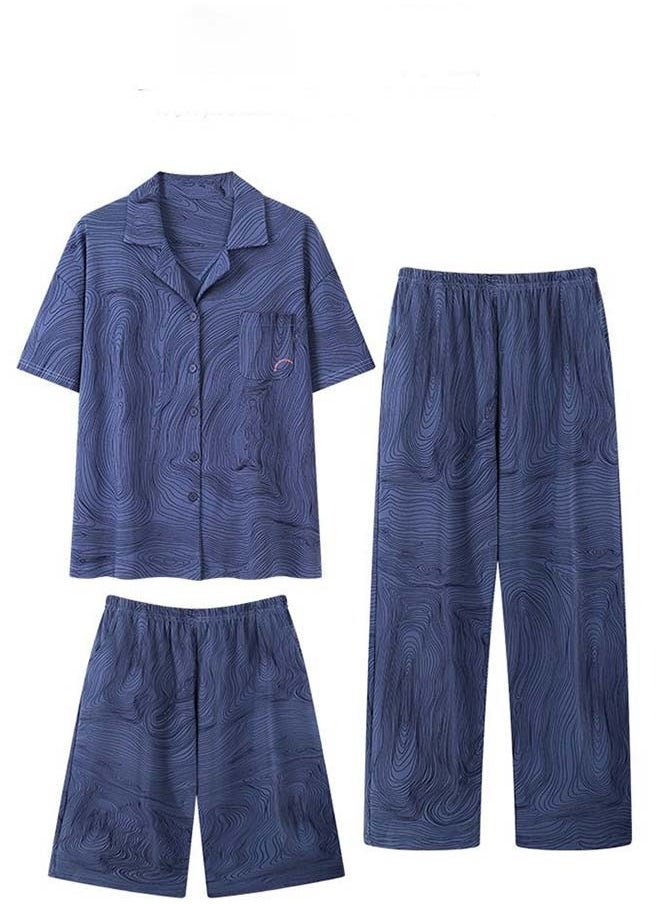 Generic - 3-Piece Men's Pajama Set T-Shirt Cotton Short Sleeved Short Pants  And Long Pants Sets  Sleepwear Nightgown Male Loose Spring Summer Thin Loungewear Home Clothes Blue - Image 1
