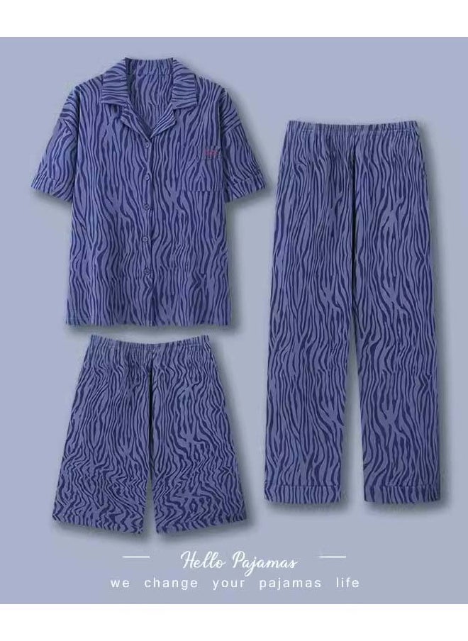 Generic - 3-Piece Men's Pajama Set T-Shirt Cotton Short Sleeved Short Pants  And Long Pants Sets  Sleepwear Nightgown Male Loose Spring Summer Thin Loungewear Home Clothes Blue - Image 1