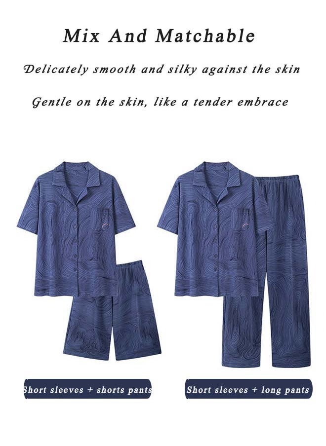 Generic - 3-Piece Men's Pajama Set T-Shirt Cotton Short Sleeved Short Pants  And Long Pants Sets  Sleepwear Nightgown Male Loose Spring Summer Thin Loungewear Home Clothes Blue - Image 1