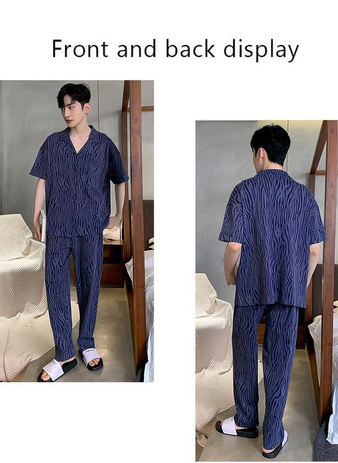 Generic - 3-Piece Men's Pajama Set T-Shirt Cotton Short Sleeved Short Pants  And Long Pants Sets  Sleepwear Nightgown Male Loose Spring Summer Thin Loungewear Home Clothes Blue - Image 1