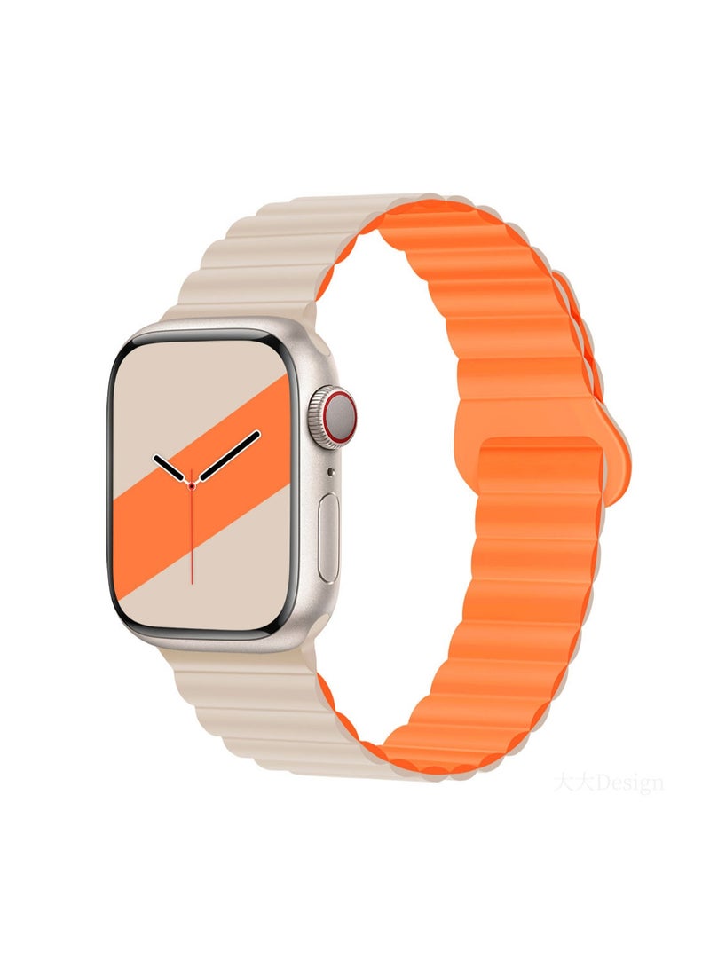White And Orange 42/44/45/46/49mm Universal Compatible With Apple Watch, Suitable For Both Men And Women, Second Generation Two-Color Buckle Silicone Magnetic Watch Strap Wristband Compatible With Iwatch Series - Image 1