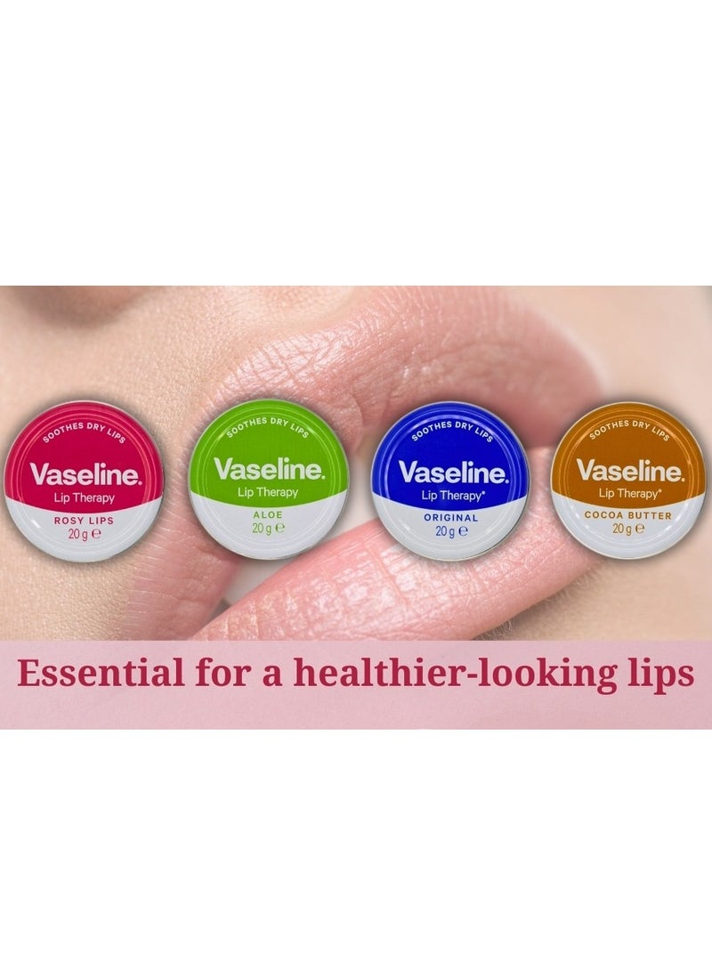Vaseline Lip Balm 4 X 20g (Rosy Lips, Cocoa Butter, Aloe, Original) - Image 2