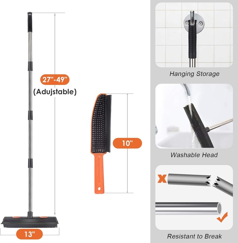 Conliwell Rubber Broom Carpet Rake for Pet Hair, Fur Remover Broom with Squeegee, Portable Detailing Lint Remover Brush (Stainless 4 Steel Handle) - Image 3