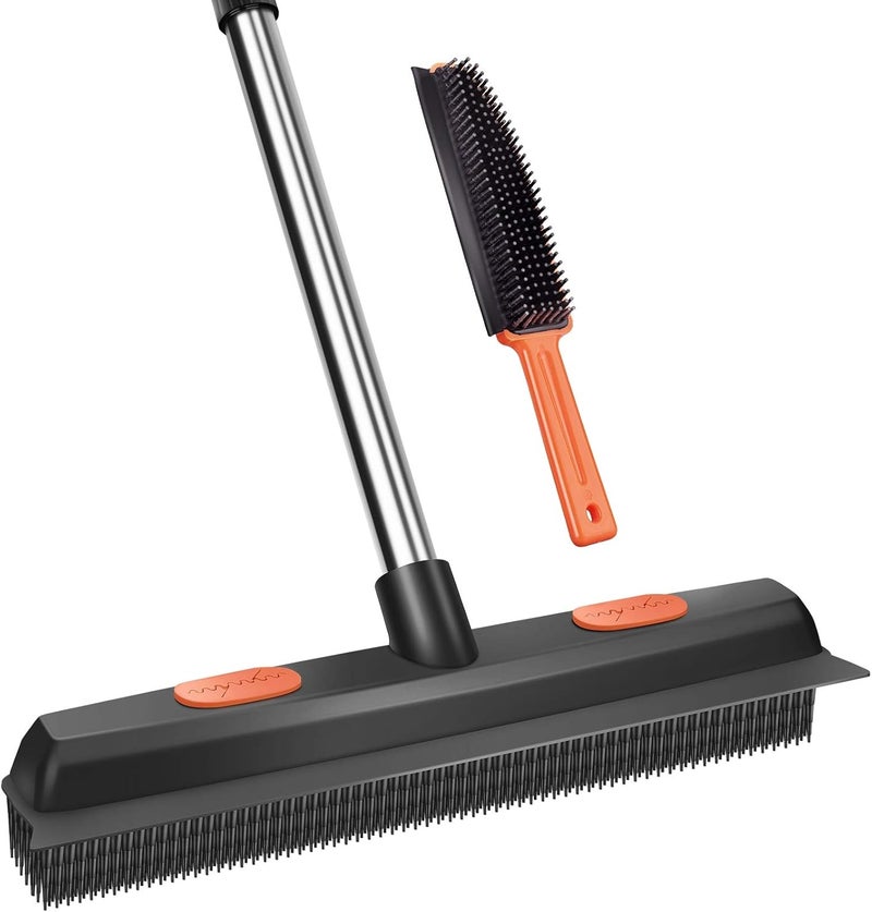 Conliwell Rubber Broom Carpet Rake for Pet Hair, Fur Remover Broom with Squeegee, Portable Detailing Lint Remover Brush (Stainless 4 Steel Handle) - Image 1