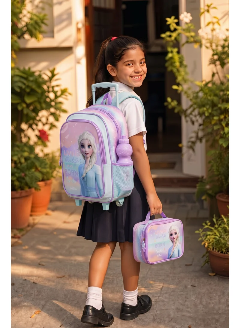 ديزني Disney Frozen Elsa 5-in-1 Kids Trolley School Set 18" | Rolling Backpack, Lunch Bag, Lunch Box, Water Bottle & Pencil Case | Water Resistant | Girls School Bag