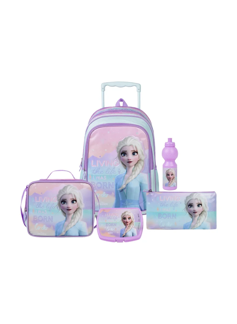 ديزني Disney Frozen Elsa 5-in-1 Kids Trolley School Set 18" | Rolling Backpack, Lunch Bag, Lunch Box, Water Bottle & Pencil Case | Water Resistant | Girls School Bag