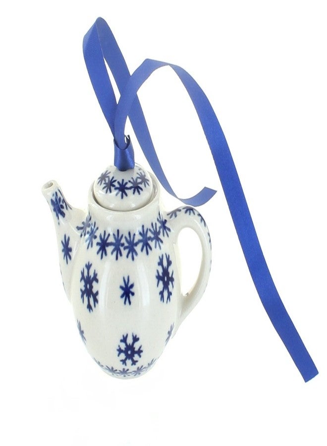 Blue Rose Pottery زينة إبريق شاي من الخزف البولندي "بلو روز" - زينة "بلو سنو فلوري" - قطر 3.5 بوصة - هدية تذكارية مطلية يدويًا للعطلات - Image 1