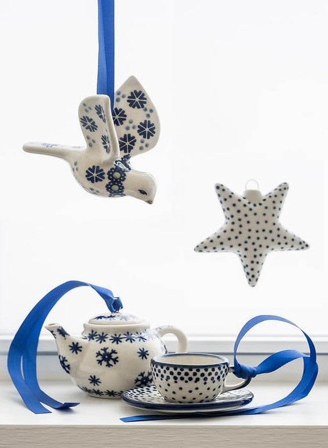 Blue Rose Pottery زينة إبريق شاي من الخزف البولندي "بلو روز" - زينة "بلو سنو فلوري" - قطر 3.5 بوصة - هدية تذكارية مطلية يدويًا للعطلات - Image 2