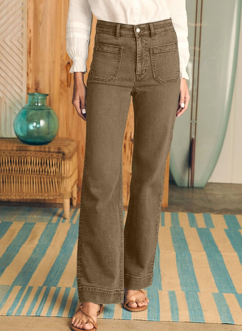 Astylish Women's Patch Pocket Jean Pants High Waist Button Bootcut Trousers Wide Leg Stretchy Vintage Denim Jeans with Front Pockets Size 4 Jungle Green - Image 2
