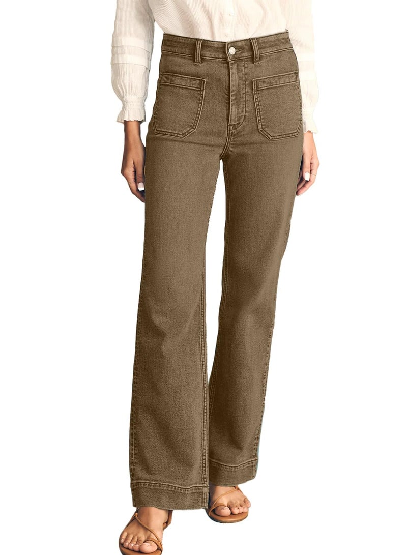 Astylish Women's Patch Pocket Jean Pants High Waist Button Bootcut Trousers Wide Leg Stretchy Vintage Denim Jeans with Front Pockets Size 4 Jungle Green - Image 1