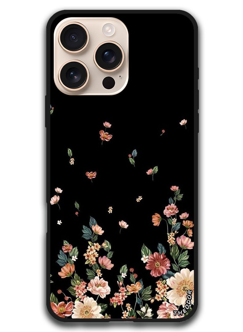 Theodor غطاء واقي مضاد للخدش ومقاوم للصدمات لجهاز آيفون 16 برو ماكس (6.9) بوصة زهور على خلفية سوداء - Image 1