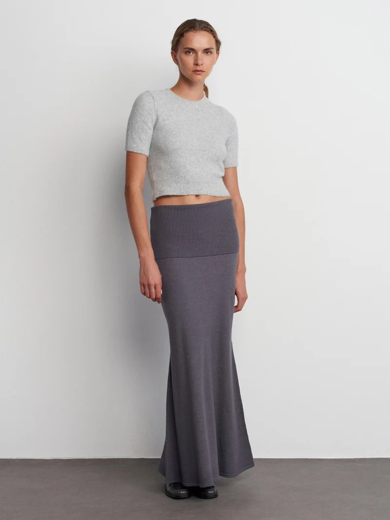 ديلفين 80114 Waisted Ribbed Flowy Knitwear Skirt-Smoke