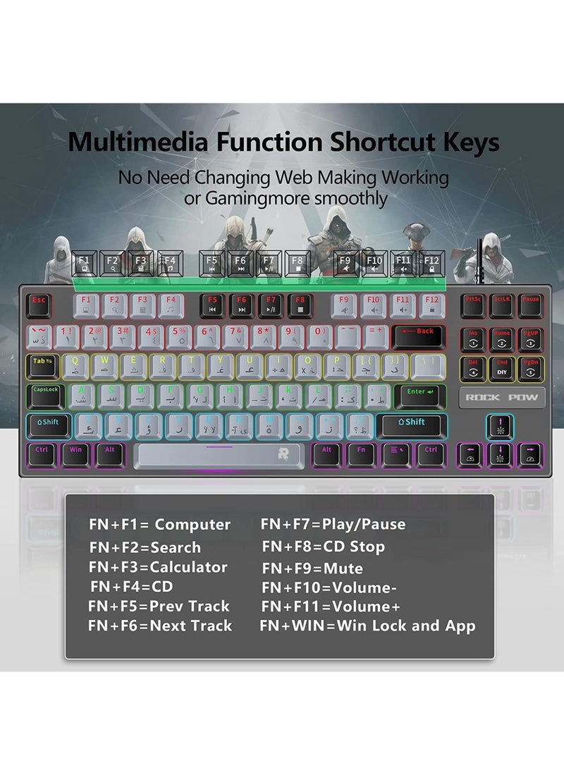 Rock Pow - Arabic English Mechanical Gaming Keyboard with RGB LED Rainbow Backlit USB Wired E-sport Waterproof 87 Keys Keyboard for Windows MacOS Android PC Gamers - Image 1