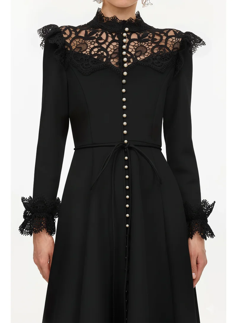 Bella Barnett Eudora Romantic Flowy Long Sleeve Lace Woven Black Maxi Dress