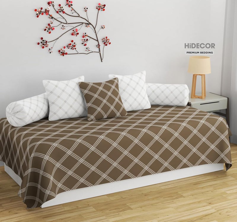 HIDECOR Super Soft Cotton Geometrical Diwan Set for Living Room, 6 Pieces One Single Bedsheet with 3 Cushion Cover, 2 Bolster (Beige) - Image 1
