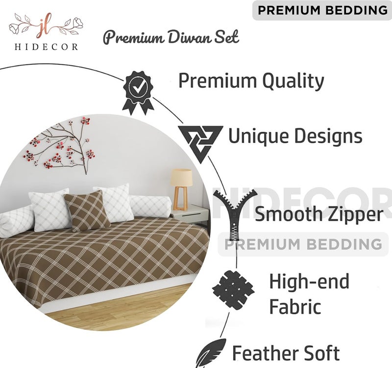 HIDECOR Super Soft Cotton Geometrical Diwan Set for Living Room, 6 Pieces One Single Bedsheet with 3 Cushion Cover, 2 Bolster (Beige) - Image 2