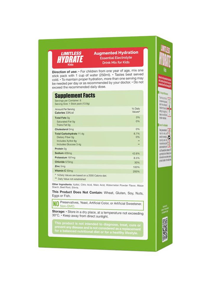 EVA PHARMA Limitless Hydrate Kids – 6 أعواد – محلول إلكتروليت فموي مع زيلتول – نكهة بطيخ – للأطفال من عمر 1 سنة فما فوق - Image 2