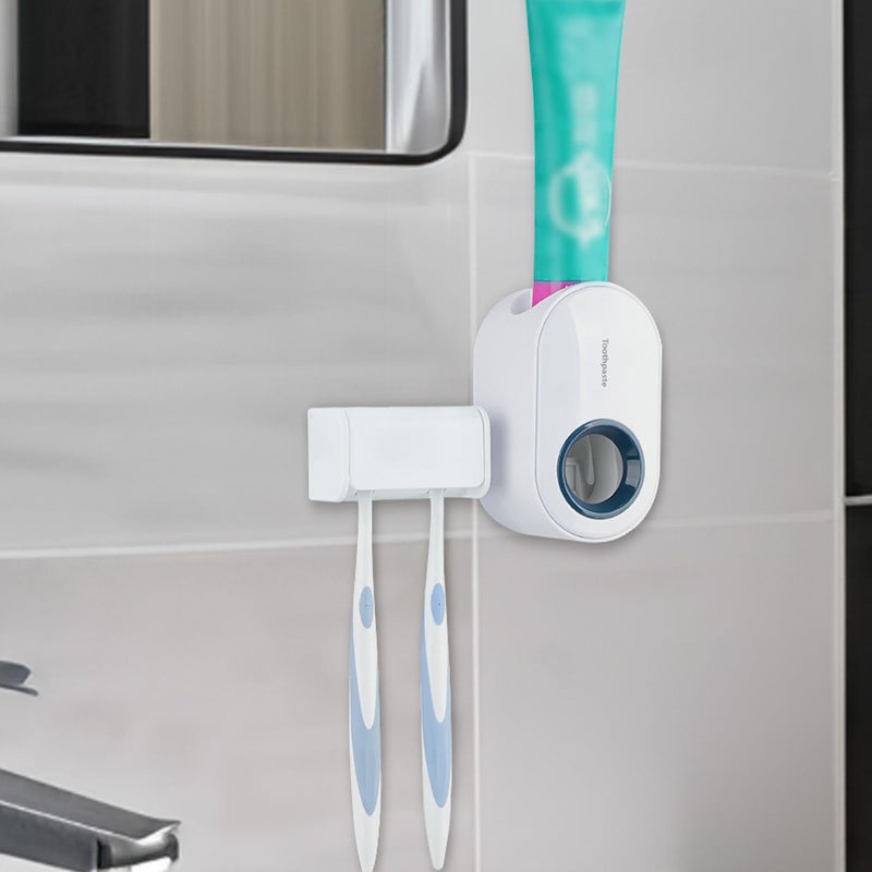 LUEXBOX Toothbrush Holder Wall Mounted with Cover for Bathroom, 2 Slots Toothbrush Storage Organizer for Shower, Self Adhesive Toothbrush Hanger with Automatic Toothpaste Squeezer Dispenser - Image 1