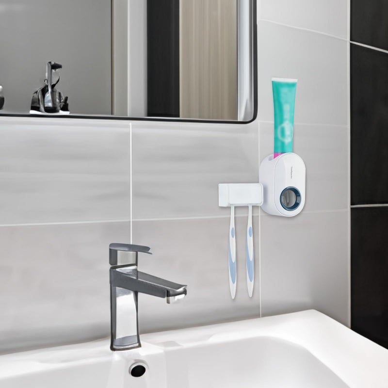 LUEXBOX Toothbrush Holder Wall Mounted with Cover for Bathroom, 2 Slots Toothbrush Storage Organizer for Shower, Self Adhesive Toothbrush Hanger with Automatic Toothpaste Squeezer Dispenser - Image 4