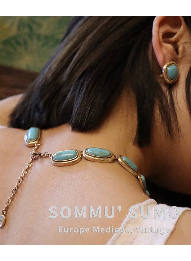 جيوان 3 قطعة مجموعة القرط قلادة الفيروز Vintage نمط الترقوة سلسلة القرط - Image 2