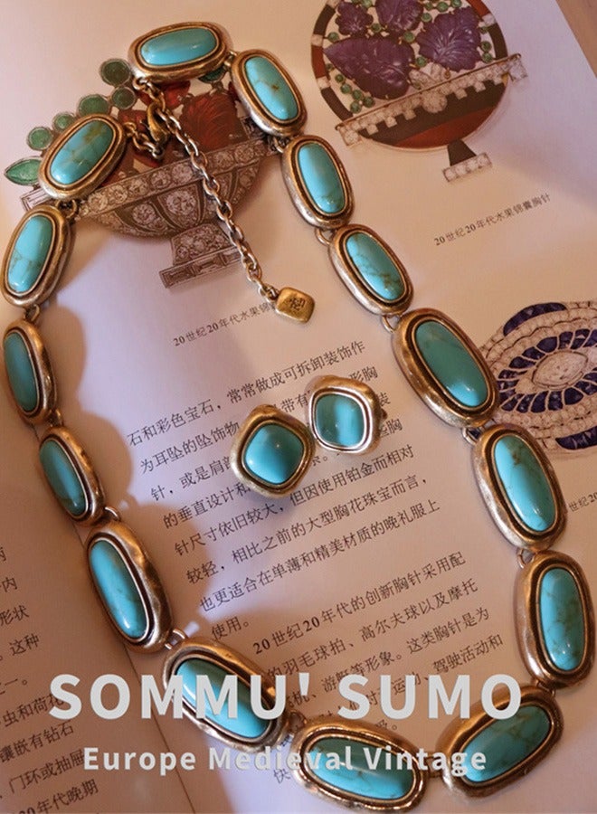 جيوان 3 قطعة مجموعة القرط قلادة الفيروز Vintage نمط الترقوة سلسلة القرط - Image 1