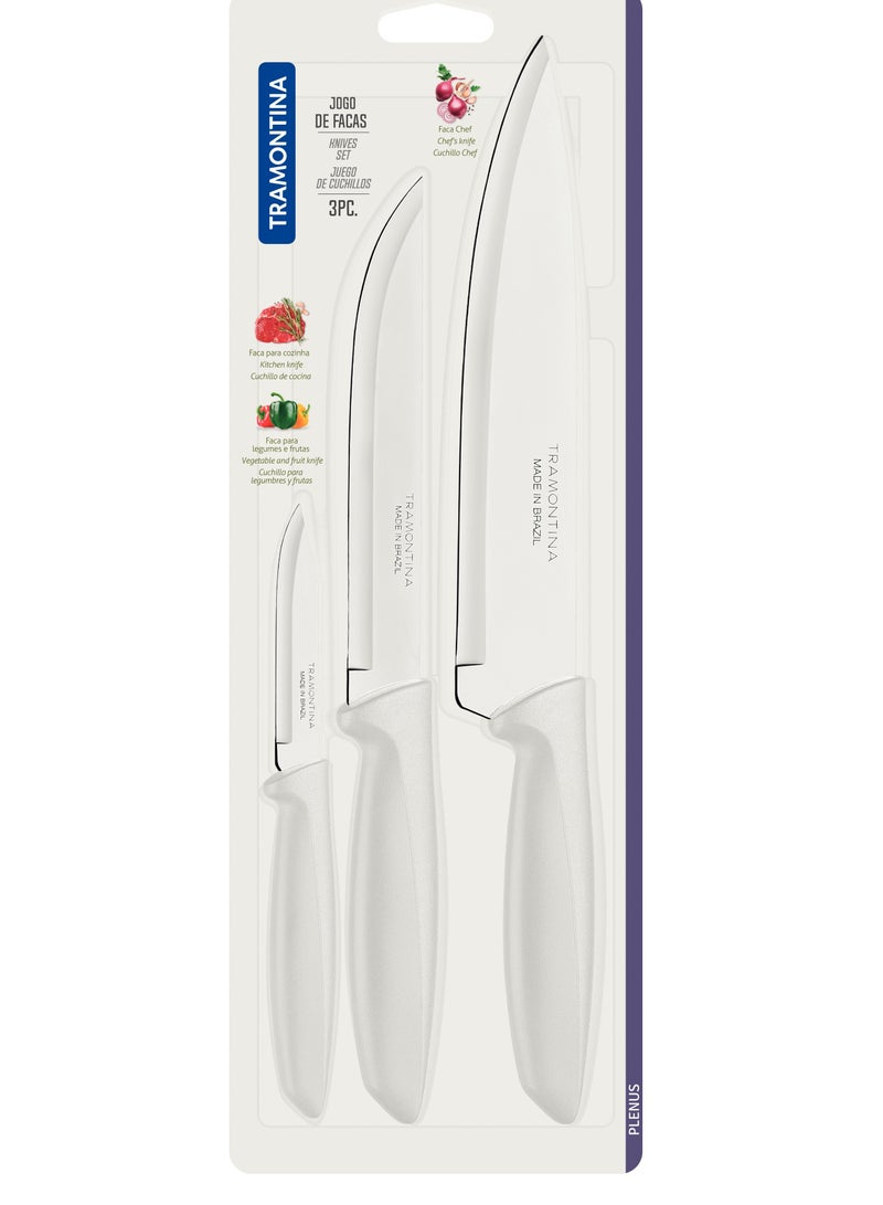Tramontina Plenus 3 Pieces Knife Set with Stainless Steel Blade and White Polypropylene Handle - Image 3