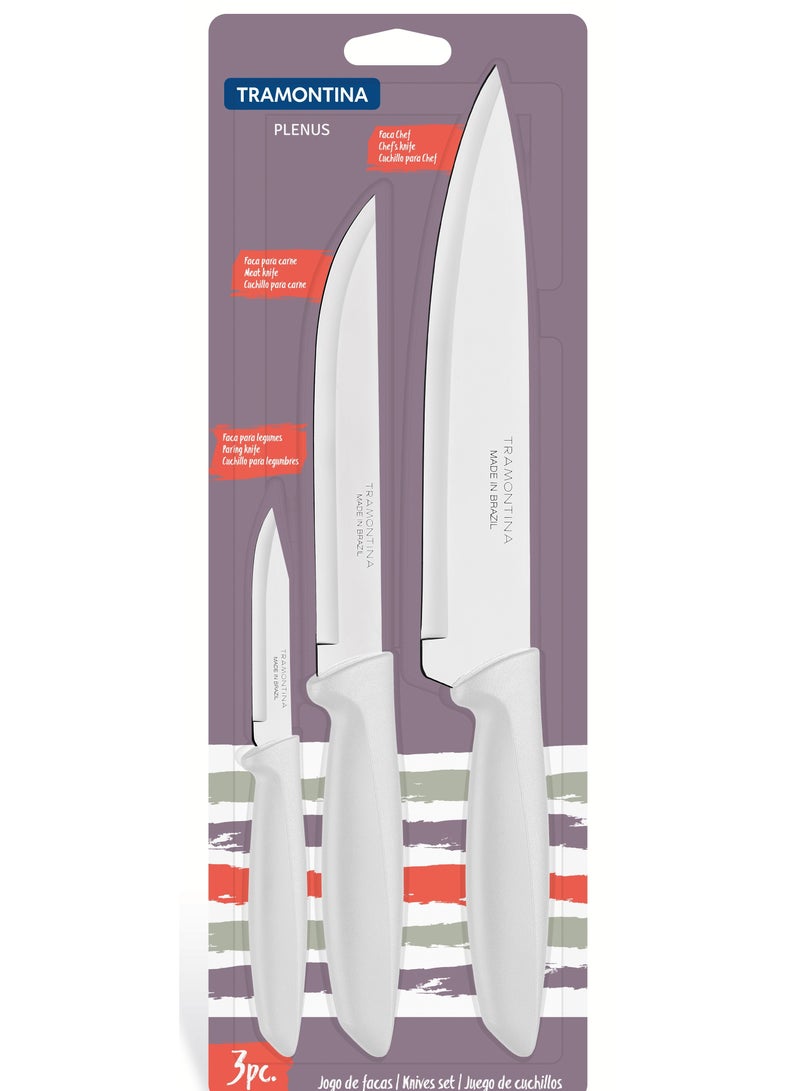 Tramontina Plenus 3 Pieces Knife Set with Stainless Steel Blade and White Polypropylene Handle - Image 1