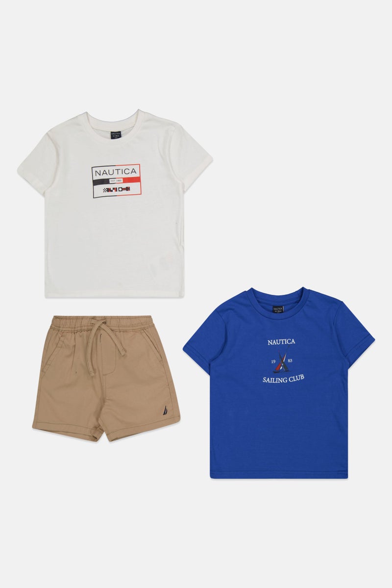 NAUTICA Toddler Boy 3 Pcs Brand Logo T-Shirt And Chino Shorts, White/Blue/Tan  - Image 1