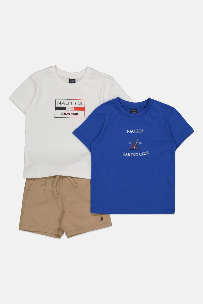 NAUTICA Toddler Boy 3 Pcs Brand Logo T-Shirt And Chino Shorts, White/Blue/Tan  - Image 3