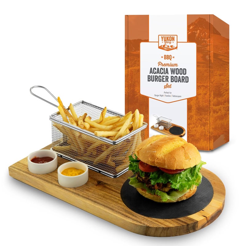 Yukon Glory Burger Serving Set Perfect For Foodies Burger Lovers and Tablescapes Includes Premium Acacia Wood Board With Slate Stainless Steel Fry Basket and Porcelain Condiment Cups