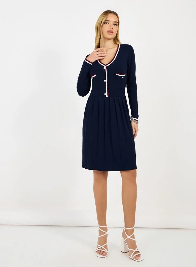 Styli Contrast Trim Sweater Knee Length Dress with Buttons