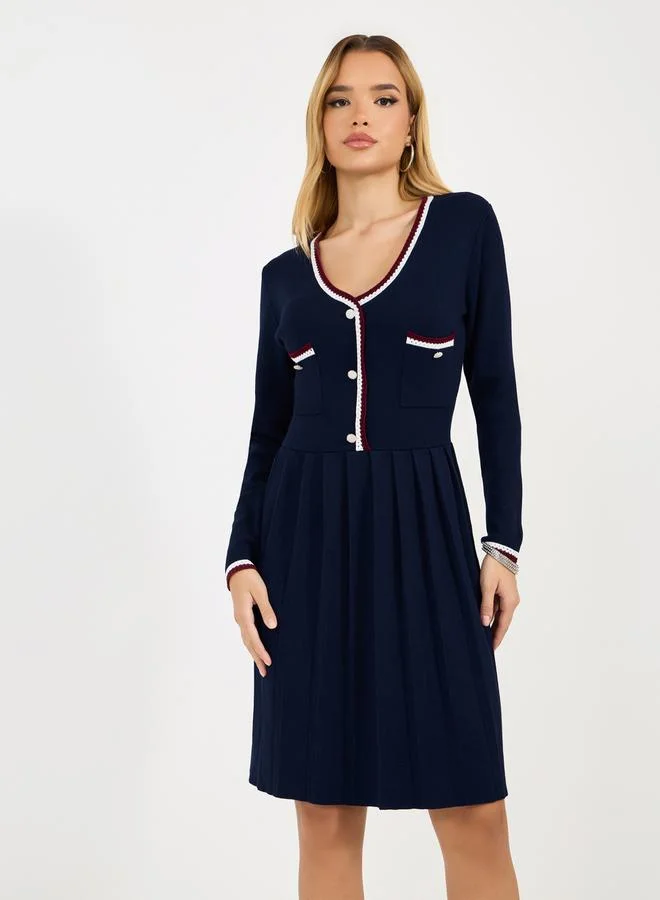 Styli Contrast Trim Sweater Knee Length Dress with Buttons