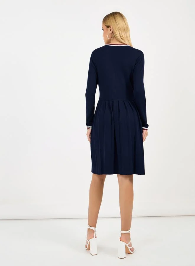 Styli Contrast Trim Sweater Knee Length Dress with Buttons