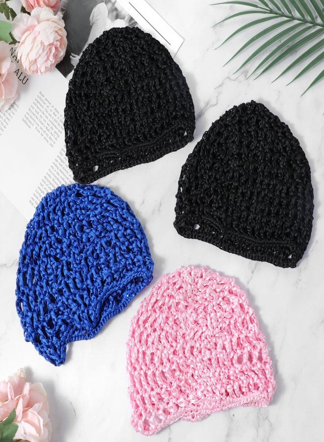 WLLHYF 4 Pack Hair Nets Cap Crochet Knit Snood Bonnets Sleeping Hairnet Fitted Hair Cover Wrap Comfortable Haircare Wave Cap for Women Keep Curls (2 Black, 1 Blue, 1 Pink) - Image 3