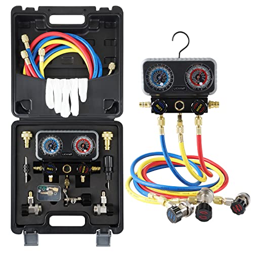 Lichamp مجموعة عدادات ليتشامب AC R1234YF R134A، عداد مانيفولد للسيارات متوافق مع المبردات R1234YF R134A و R404A، يعمل على شحن وتفريغ فريون السيارة - Image 1