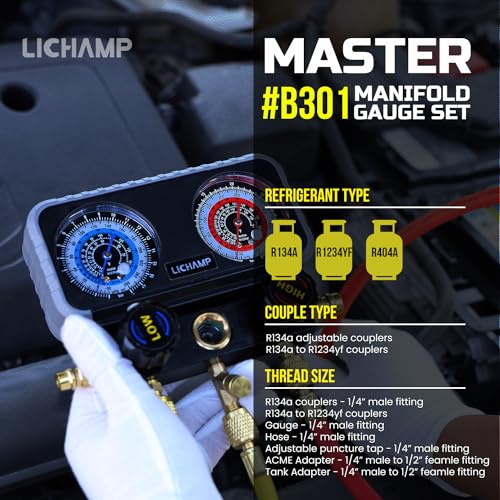 Lichamp مجموعة عدادات ليتشامب AC R1234YF R134A، عداد مانيفولد للسيارات متوافق مع المبردات R1234YF R134A و R404A، يعمل على شحن وتفريغ فريون السيارة - Image 2