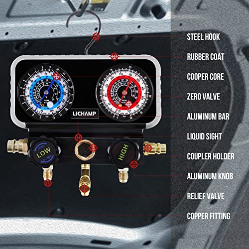 Lichamp مجموعة عدادات ليتشامب AC R1234YF R134A، عداد مانيفولد للسيارات متوافق مع المبردات R1234YF R134A و R404A، يعمل على شحن وتفريغ فريون السيارة - Image 4