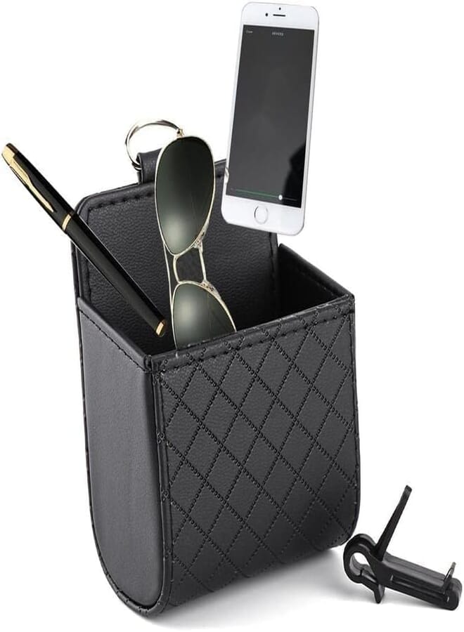 Kaber Misr 2020 Leather Car Air Vent Hook Organizer Storage Bag Holder Phone Holder Pocket for Sunglasses Keys Coins Cards (Black - 1 Piece)