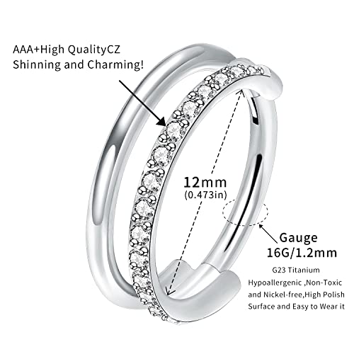 VOJO G23 Titanium 16G Cartilage Septum Hoop Piercing Jewelry Double Row Plated CZ Beads Conch Nose Rings Tragus for Women Men (12mm/0.472in, CZ Silver) - Image 5