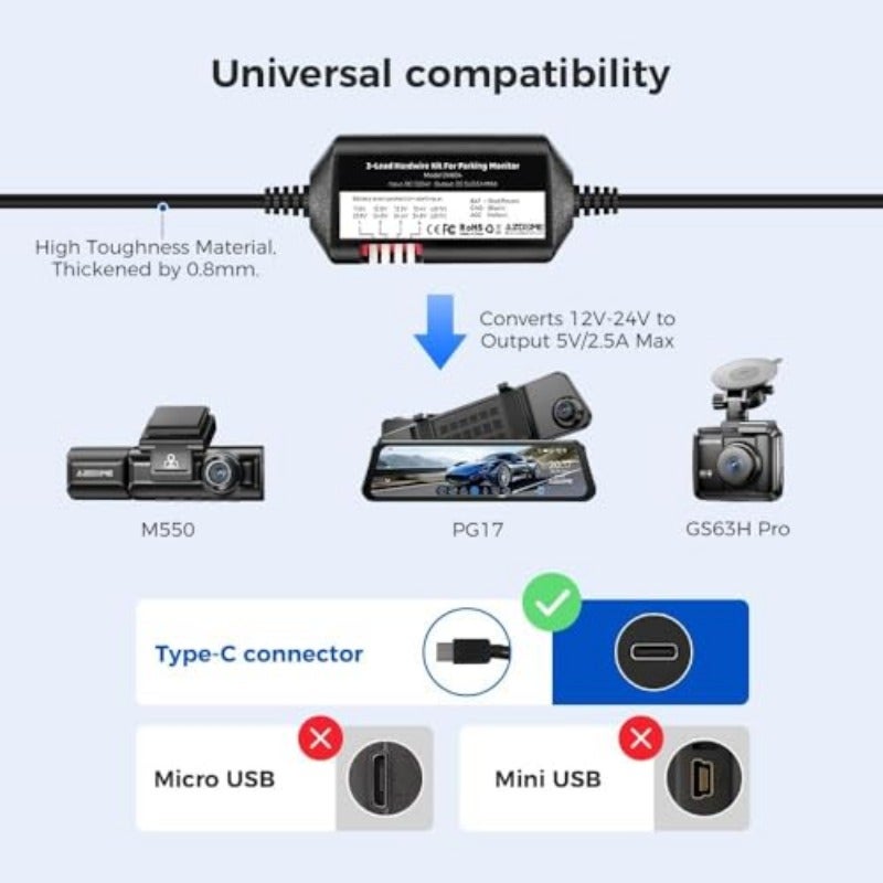 مجموعة أسلاك 3-وتد ACC مع منفذ USB Type-C لكاميرات M550 Max وM550 وM550 Pro وM300S وPG17 وGS63Pro، طول 12 قدمًا، مراقبة على مدار 24 ساعة، تحويل من 12 فولت - 24 فولت إلى 5 فولت 2.5 أمبير، حماية من انخفاض الجهد - Image 3