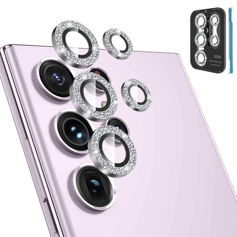 Tensea (3+2PCS for Samsung Galaxy S23 Ultra 5G Camera Lens Protector, 9H Tempered Glass Camera Cover Screen Protector Metal Individual Ring [Installation Tray][Removal tool][Case Friendly]- Glitter - Image 1