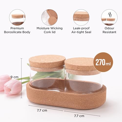 UMAI Borosilicate Jars With Cork Lids And A Cork Tray For Kitchen | Pack of 2 | 270ml | Airtight Glass Containers With Lid | Kitchen Containers Set | Multipurpose | Transparent | Organization | - Image 3