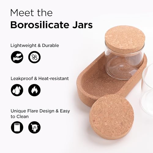 UMAI Borosilicate Jars With Cork Lids And A Cork Tray For Kitchen | Pack of 2 | 270ml | Airtight Glass Containers With Lid | Kitchen Containers Set | Multipurpose | Transparent | Organization | - Image 2