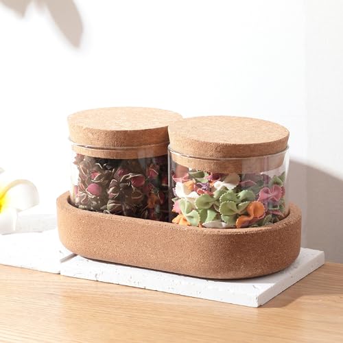 UMAI Borosilicate Jars With Cork Lids And A Cork Tray For Kitchen | Pack of 2 | 270ml | Airtight Glass Containers With Lid | Kitchen Containers Set | Multipurpose | Transparent | Organization | - Image 1