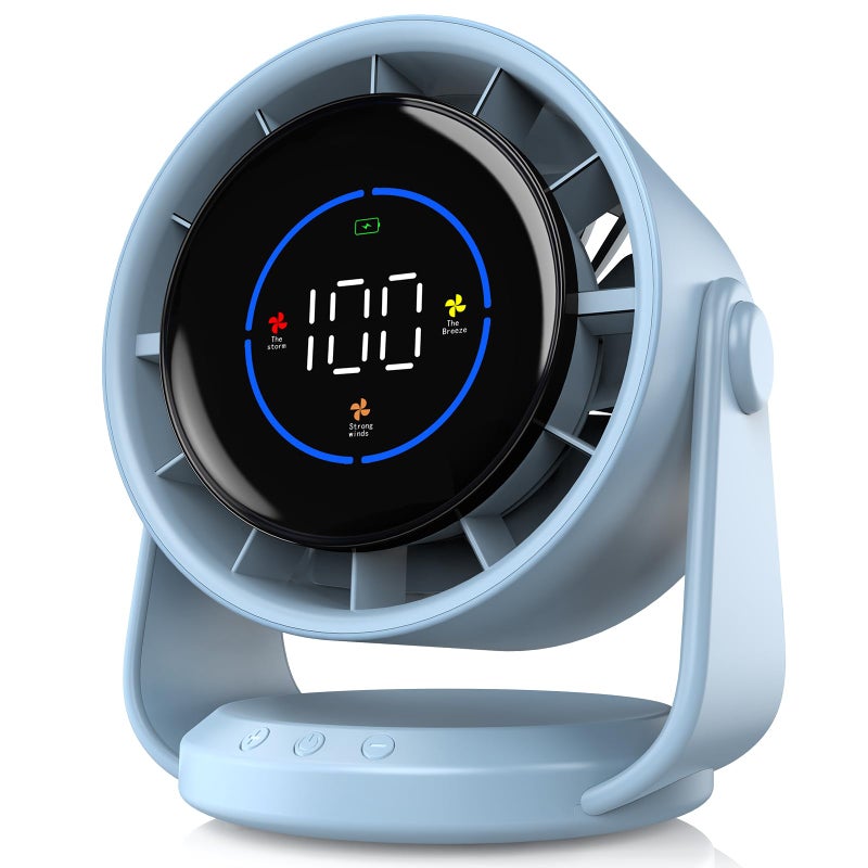 YOSHENMO Desk Fan Turbo Table Fan for Bedroom 100Speed Digital Display Low Noise 105 Adjustable Tilt 75inch Rechargeable Battery WallMouted Design for Home Office Travel Blue
