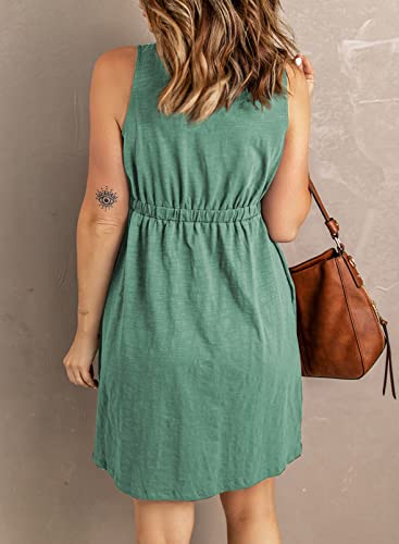 Acelitt Womens Ladies Casual Summer 2025 Fashion V Neck Sleeveless Button Down Dresses Elastic Waist Pleated Mini A-Line Swing Dress Green Medium - Image 2
