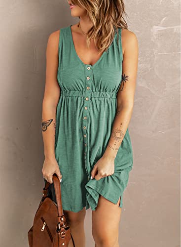 Acelitt Womens Ladies Casual Summer 2025 Fashion V Neck Sleeveless Button Down Dresses Elastic Waist Pleated Mini A-Line Swing Dress Green Medium - Image 5
