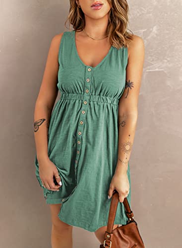 Acelitt Womens Ladies Casual Summer 2025 Fashion V Neck Sleeveless Button Down Dresses Elastic Waist Pleated Mini A-Line Swing Dress Green Medium - Image 4