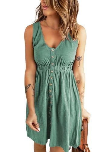 Acelitt Womens Ladies Casual Summer 2025 Fashion V Neck Sleeveless Button Down Dresses Elastic Waist Pleated Mini A-Line Swing Dress Green Medium - Image 1